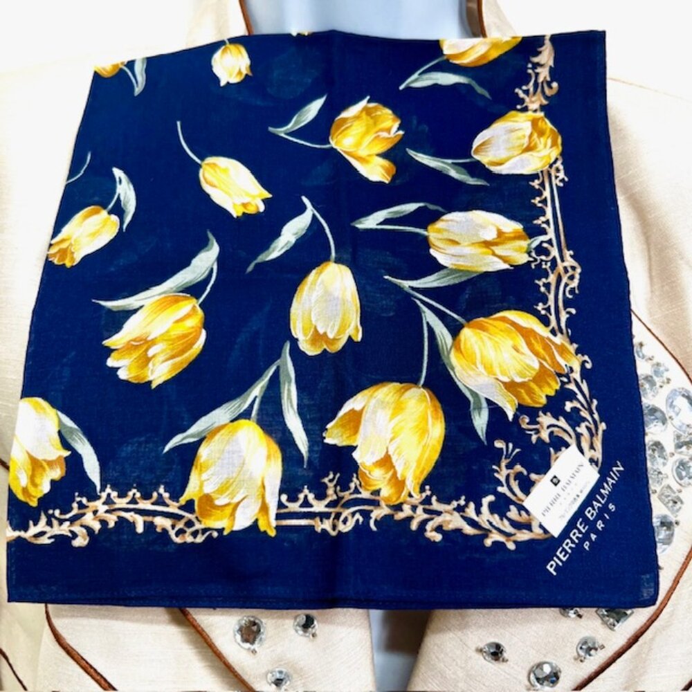 New Pierre Balmain MiniScarf/Handkerchief Cotton 18 blue green yellow floral(80